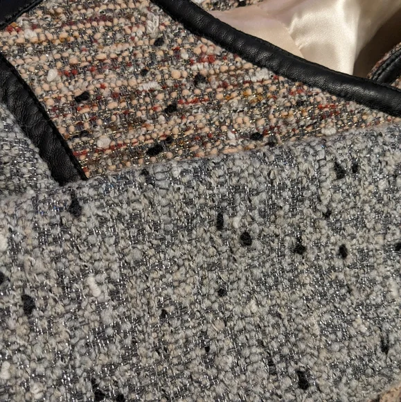 Sandro Tweed Boucle Leather Trim Collarless Moto Jacket - Picture 10 of 13